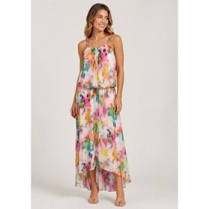 London Times Garden Party Maxi Dress Womens 4 White Rainbow Halter Lined